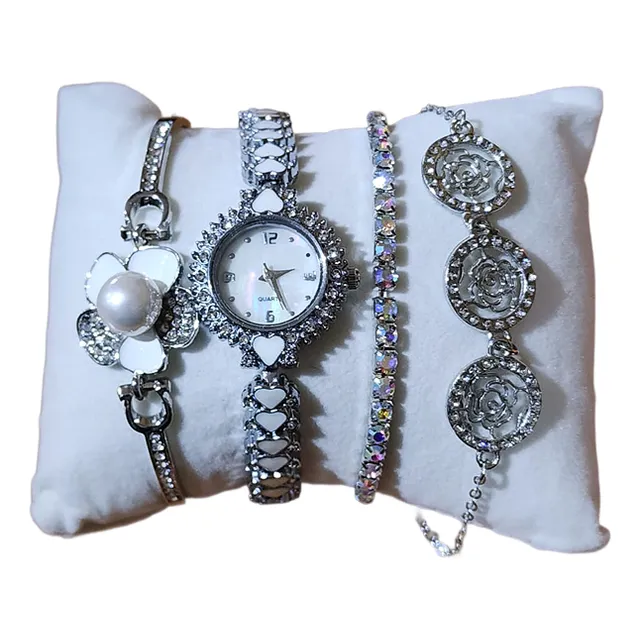 Set De Joyas Pulseras Y Reloj Para Mujer Y Mamá 4 Piezas Plateado Perla