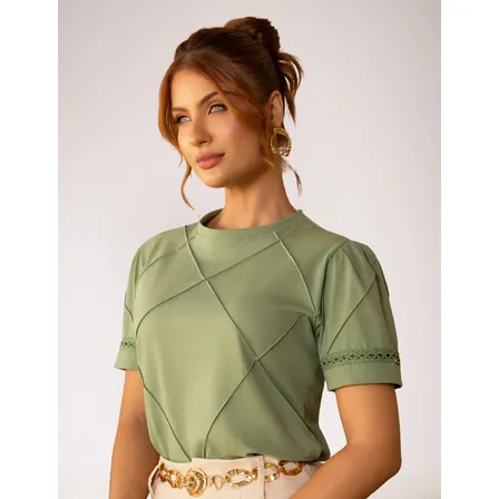 Blusa T-shirt Gola Alta Manga Princesa Algodão Com Elastano