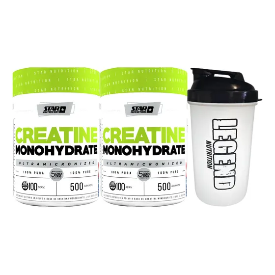 Suplemento En Polvo Star Nutrition Creatina Monohidratada Pote x2 500g Vaso Legend 600ml