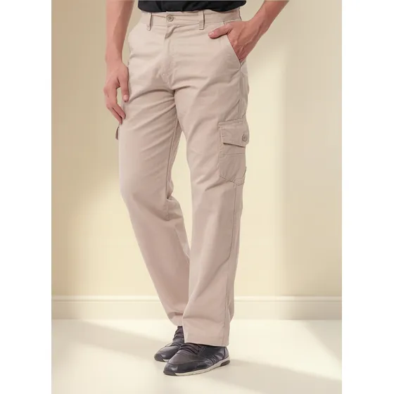 Calça Masculina Sarja Algodão Bege Claro Cargo Bolso Lateral