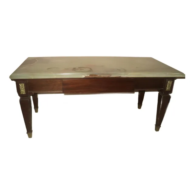 Mesa De Centro En Madera, Bronce Y Onix
