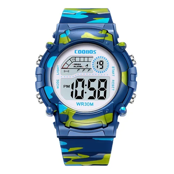 Reloj Digital Camuflaje Azul Para Niños Con Luz Nocturna