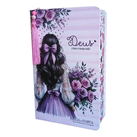 Bíblia Letras Hiper Gigantes Com Harpa Capa Dura Laterais Floridas Menina Dos Olhos De Deus Seja Forte E Corajosa
