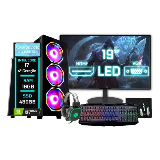 Pc Gamer Completo Intel I7 4ª 16gb Gtx 1650 4gb Ssd 480gb