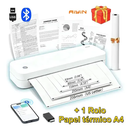 Impressora Termica Portátil A4 + 1 Rolo Papel Bluetooth Usb 203DPI Impressora A4 A5 2800mah COM 127V/220V Impressora Portátil PDF WORD EXCEL Sem Fio Profissional Com Viagens Escritório Escola E Casa