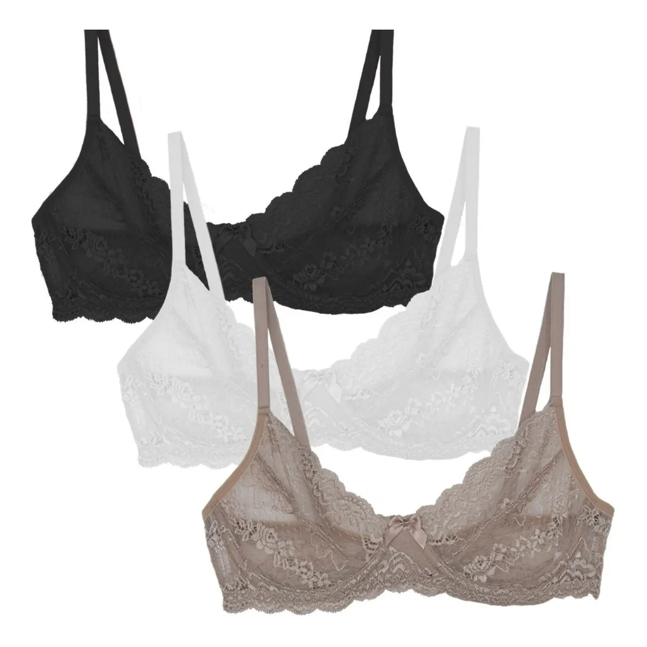 Kit com três sutiãs modelo balconet da marca Sigh, nas cores preta, branca e bege, confeccionados em renda com aro e sem bojo.
