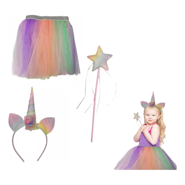 Combo Unicornio Arcoiris Diadema + Tutú + Varita Halloween Princesas