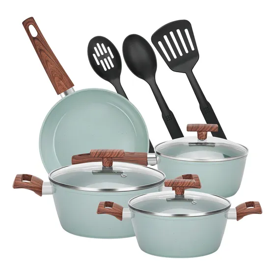 Bateria De Cocina 10 Piezas Antiadherente Aluminio Granito Menaje Chef Choice Color Verde Agua Olla Sartén Cocina