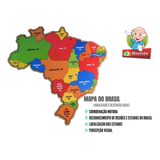Maninho Quebra-cabeça Grande Pedagógico Em Madeira Mapa Brasil