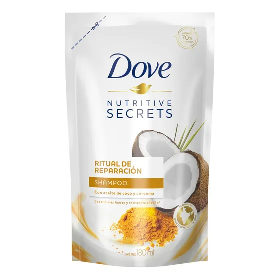 Repuesto Shampoo Dove Nutritive Secrets Ritual de Reparación Coco y Cúrcuma en repuesto de 180mL por 1 unidad
