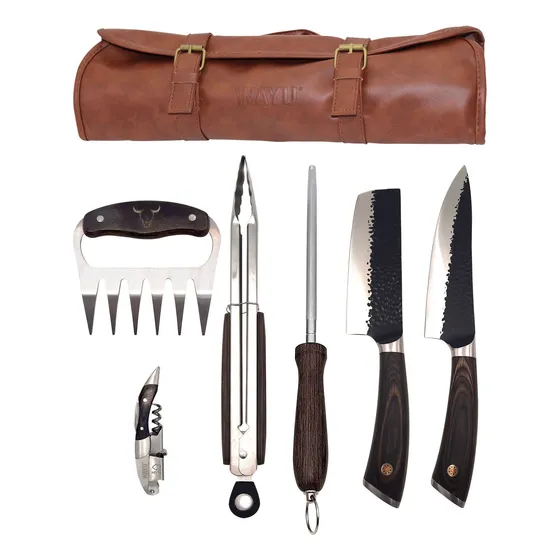 Set Parrillero Asado Profesional 6 Piezas Cuero Premium Wayu