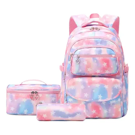 Kit 3 Mochila Infantil Minina Lancheira Termica Estojo Rosa Estampa De Estrelas