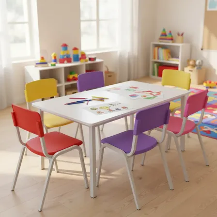 Jogo De Mesa 120x70 Infantil Com 6 Cadeiras Coloridas Escola Colorida
