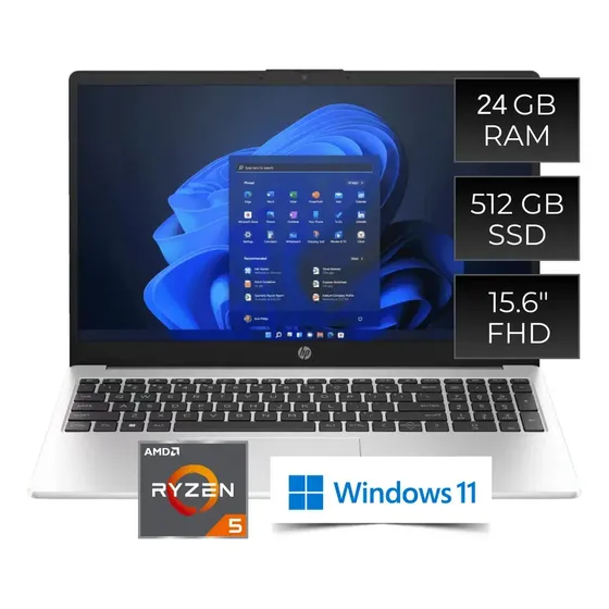 Notebook Hp 255r G10 Ryzen 5 7535u | 24gb Ram | 512gb Ssd Nvme | 15.6 Full Hd | Windows 11 Home | Laptop Empresarial Color Plata