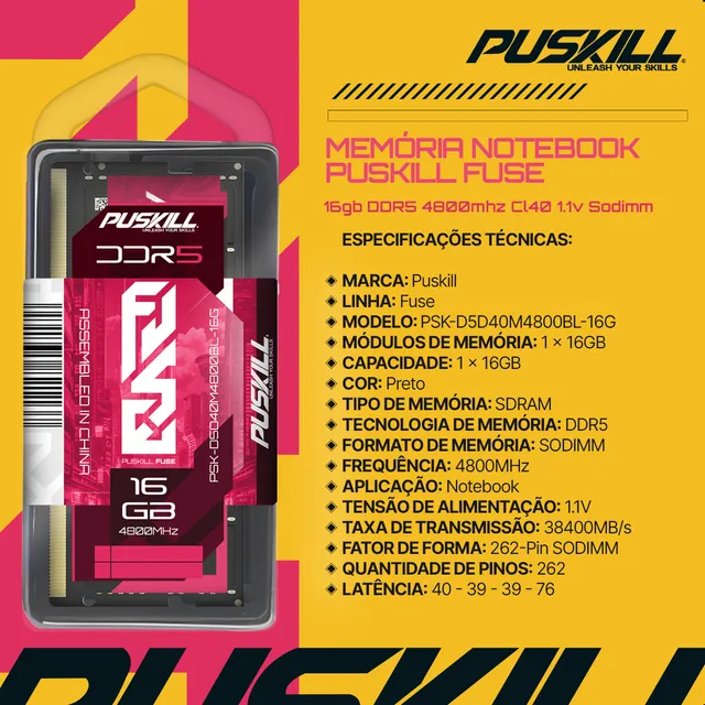 Memoria para portátil Puskill Fuse, 16 GB, Ddr5, 4800 MHz, CL40, 1,1 V