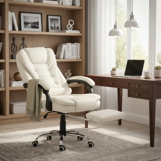 Cadeira De Escritório Itália Presidente Ergonômica Couro Sintético Encosto Ajustável Com Trava E Apoio Para Pés Cor Branca Luvinco