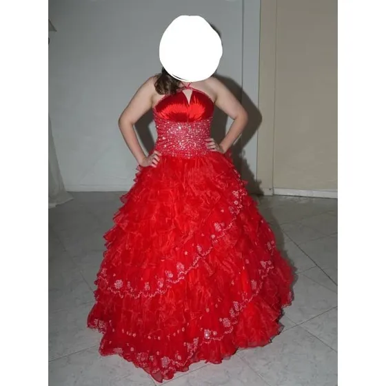 Vestido Quince Años Rojo Corset Ajustable Bordado Cristales
