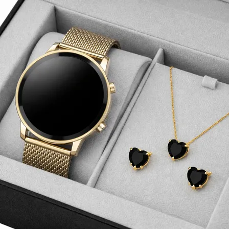 Relógio Feminino Digital Led Original + Colar Par De Brincos Dourado