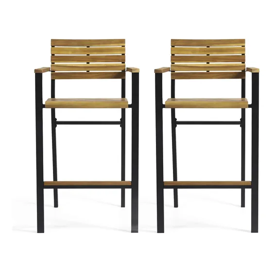 Taburete Bar Industrial Madera Acacia Juego 2 Acabado Teca