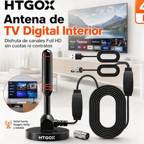 Htgox Antena Para Tv Digital Abierta 8k 4k 1080p Apto Para Uso En Interiores Y Exteriores Cable De Conexión De 5 Metros Amplificador De Señal De Tv Alcance De Recepción 209 Kilómetros Color Negro