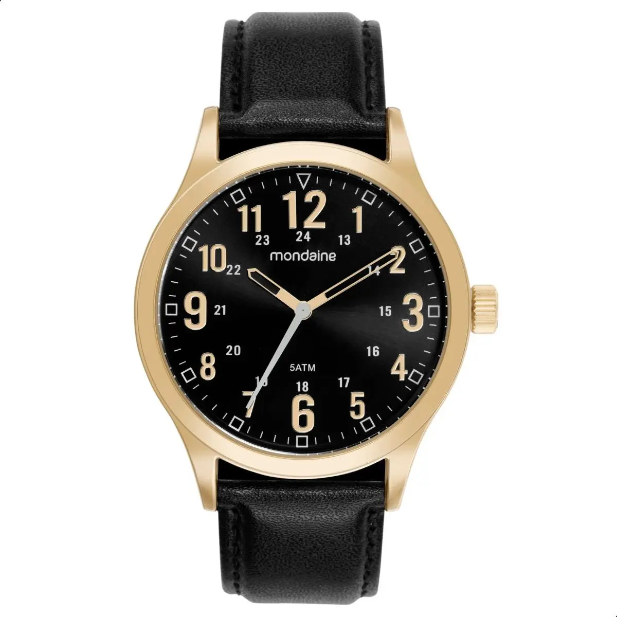 Relógio Mondaine Masculino 99626GPMVDH2 Dourado Analógico Couro Preto Mostrador Preto 5 ATM 50m Cristal Mineral 44mm Casual Social Original