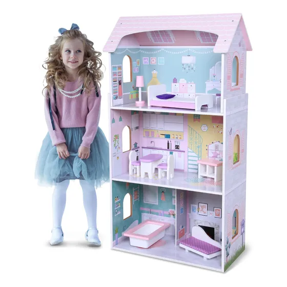 Casa De Muñecas En Madera Annas Extra Grande Con Muebles Color Rosa Claro