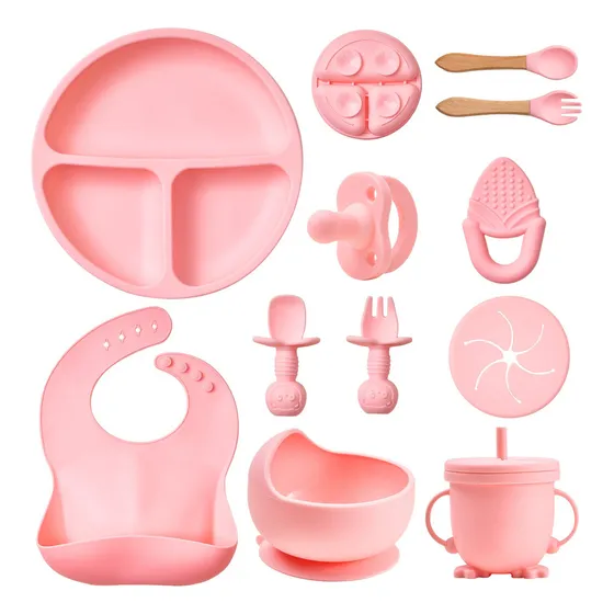 Set de Alimentacion Bebe ANIKIDS 11pcs Plato Silicona Bebé Vajillas Color Rosa