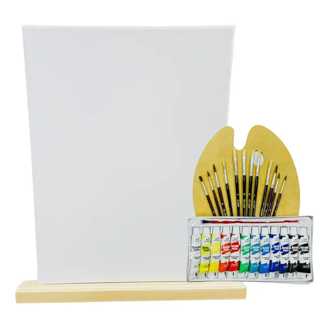 Kit Atril De Mesa Pinceles Bastidor Acrilicos Lienzo Pintura