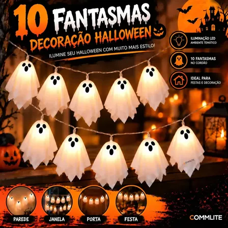 Decoração Festa Halloween Varal LED 10 Fantasmas Enfeite Assustador Para Casa Festa Temática Decorar Parede Porta Janela Área Externa E Decoração Terror Festa De Halloween Commlite