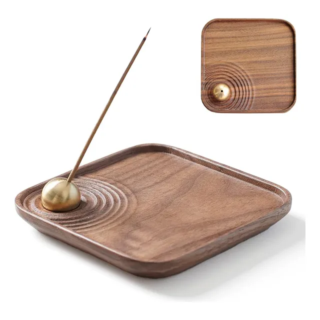 Soporte Incienso Retro Quemador Bola Cobre Bandeja Madera