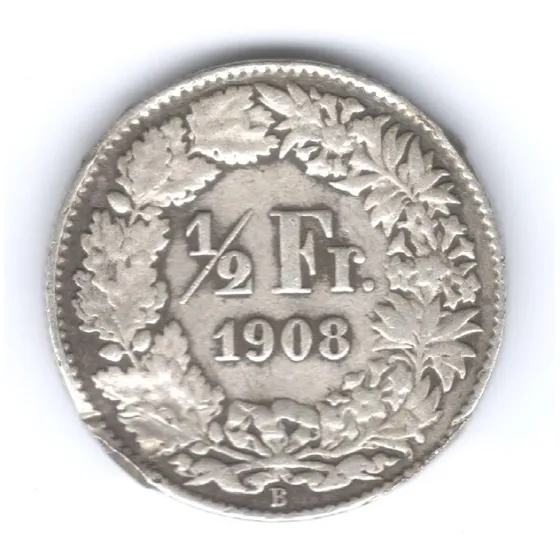 Moneda Suiza 1/2 Franco 1908 Plata