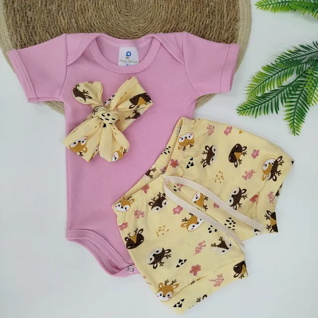 Conjunto De Bebê Pingo De Luz 3 Peças Body Short Tiara