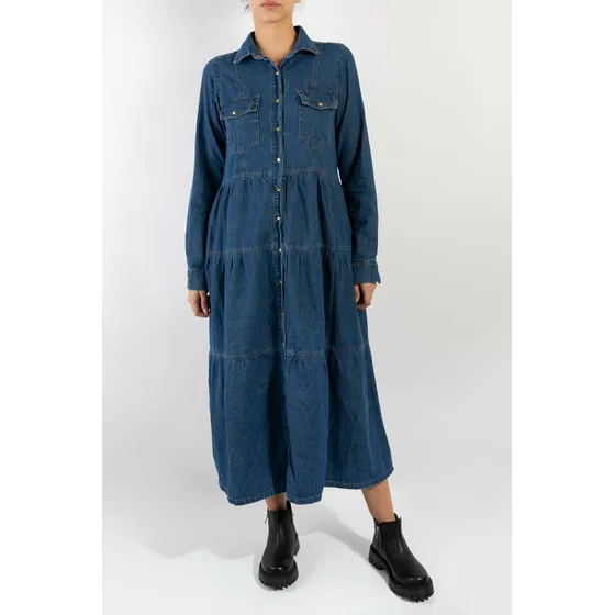 Vestido Camisero De Jean Largo Manga Larga Denim Talles