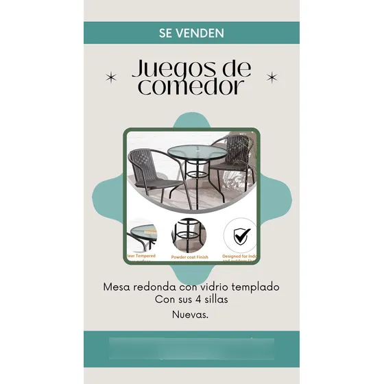 Juego De Comedor Para Exteriores. Mesa Con Vidrio Templado