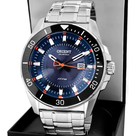Relógio Orient Solartech Masculino Prateado Fundo Azul Resistente Água