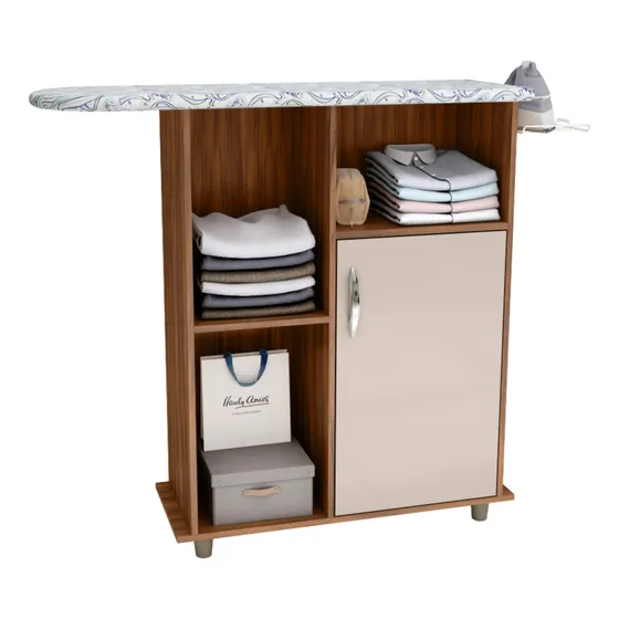 Neloja Tabua De Passar Mesa Passadeira Miami Organizadora De Roupas Premium Com Armário Luxo Multiuso Estilo Moderno Com 3 Nichos 1 Porta Cor Freijó/baunilha