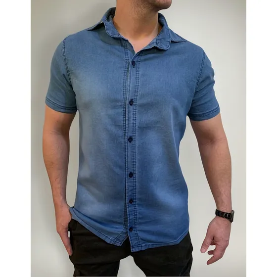 Camisa Jeans Masculina Azul Social Com Botões Manga Curta