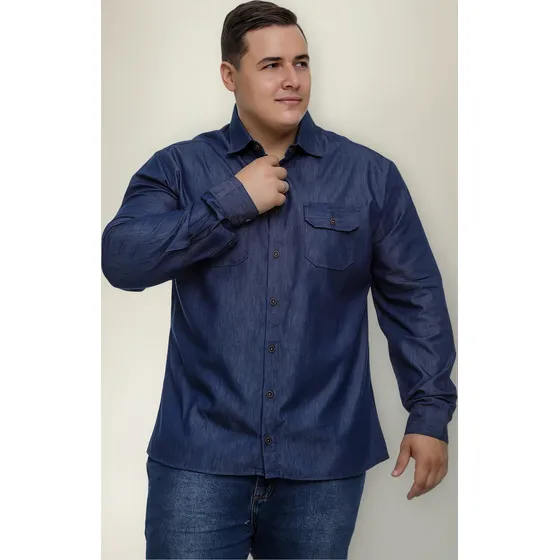 Camisa Manga Longa Jeans Escuro C/ 2 Bolsos Com Tampa