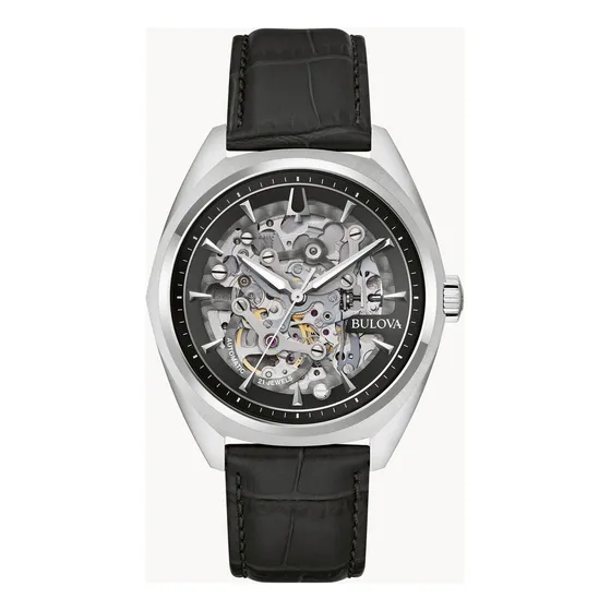 Reloj Bulova Automatico Para Hombre 96a310 Classic Surveyor Correa Negro Bisel Negro/plateado Fondo Negro