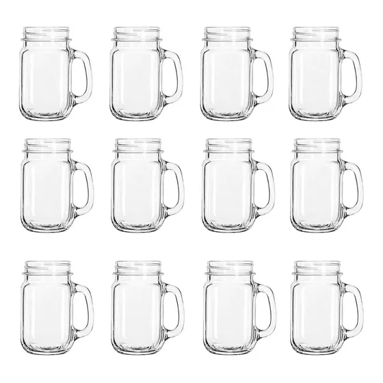 Vasos De Vidrio Mason Jar 500ml Caja 12 Pzs Tarros Con Asa 