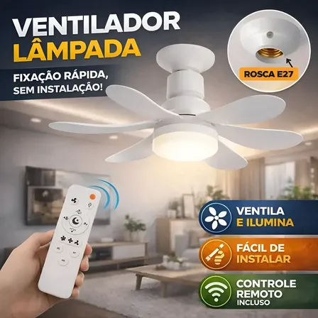 Ventilador Lâmpada Led 60w 6 Hélices Teto E27 Bivolt Branco 20 Cm 50/60hz Branco 220v Plástico 6