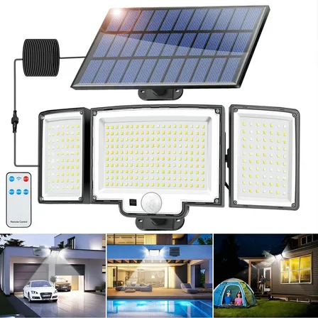 Llinpi® Lámpara Solar De Pared Exteriores Sensor Luz 3 Modos 328led, Ideal Para Patios De Jardín, Garajes, Piscinas, Etc. Negro
