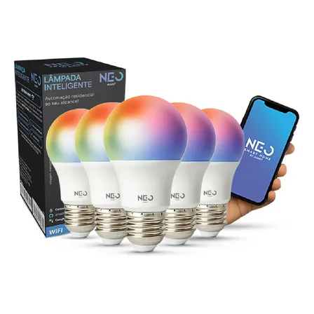 Kit 5 Lampada Led Pera Smart Wi-fi 15w Rgb E27 Neo Avant 127/220v Rgb