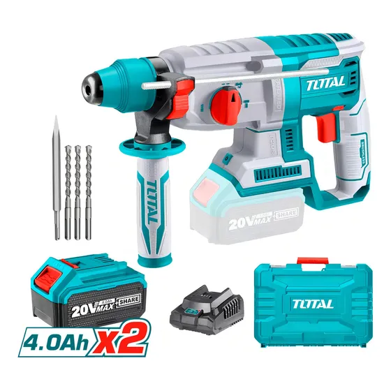 Rotomartillo Inalámbrico Total 20v, Industrial - Motor Brushless Sin Carbones 2 J Encastre SDS Plus Con 2 Baterías 4.0Ah Litio-Ion Cargador Y Maletín TRHLI202287 Turquesa