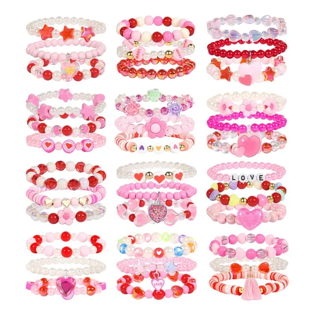 Pulseras De San Valentín Para Niñas Pequeñas, Rojo Y Rosa.
