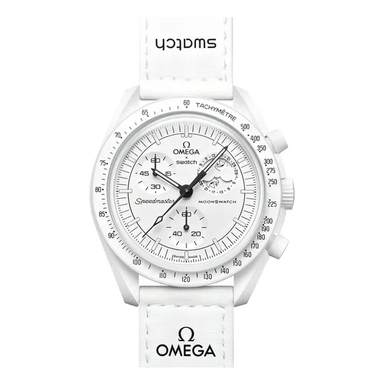 Reloj Omega X Swatch Modelo SO33W700 Correa Blanco Bisel Blanco Fondo Blanco