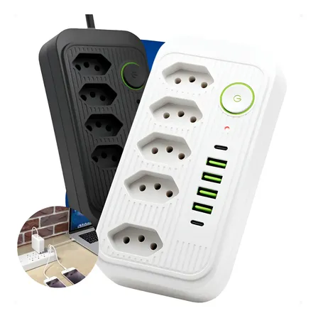 Extensão Eletrica 5 Tomadas E 4 Usb 2 Pd Led Tipo C Bivolt Branco 127/220v