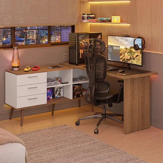 Mesa de canto Madesa Lisboa para computador Bm Gamer marrom/branca