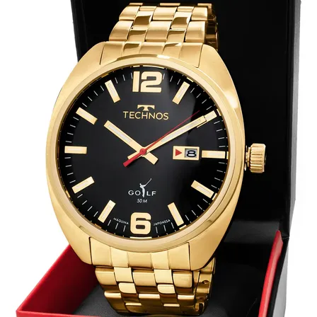 Relógio Technos Masculino Golf Dourado Bisel Preto 2315lap/1p