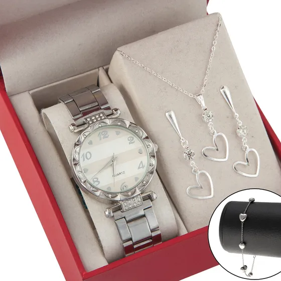 Kit Colar + Brincos E Pulseira Folheados + Relógio Feminino